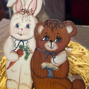 Wooden Bunny and Bear Figurine, VINTAGE, hand-painted, great Collector gift!